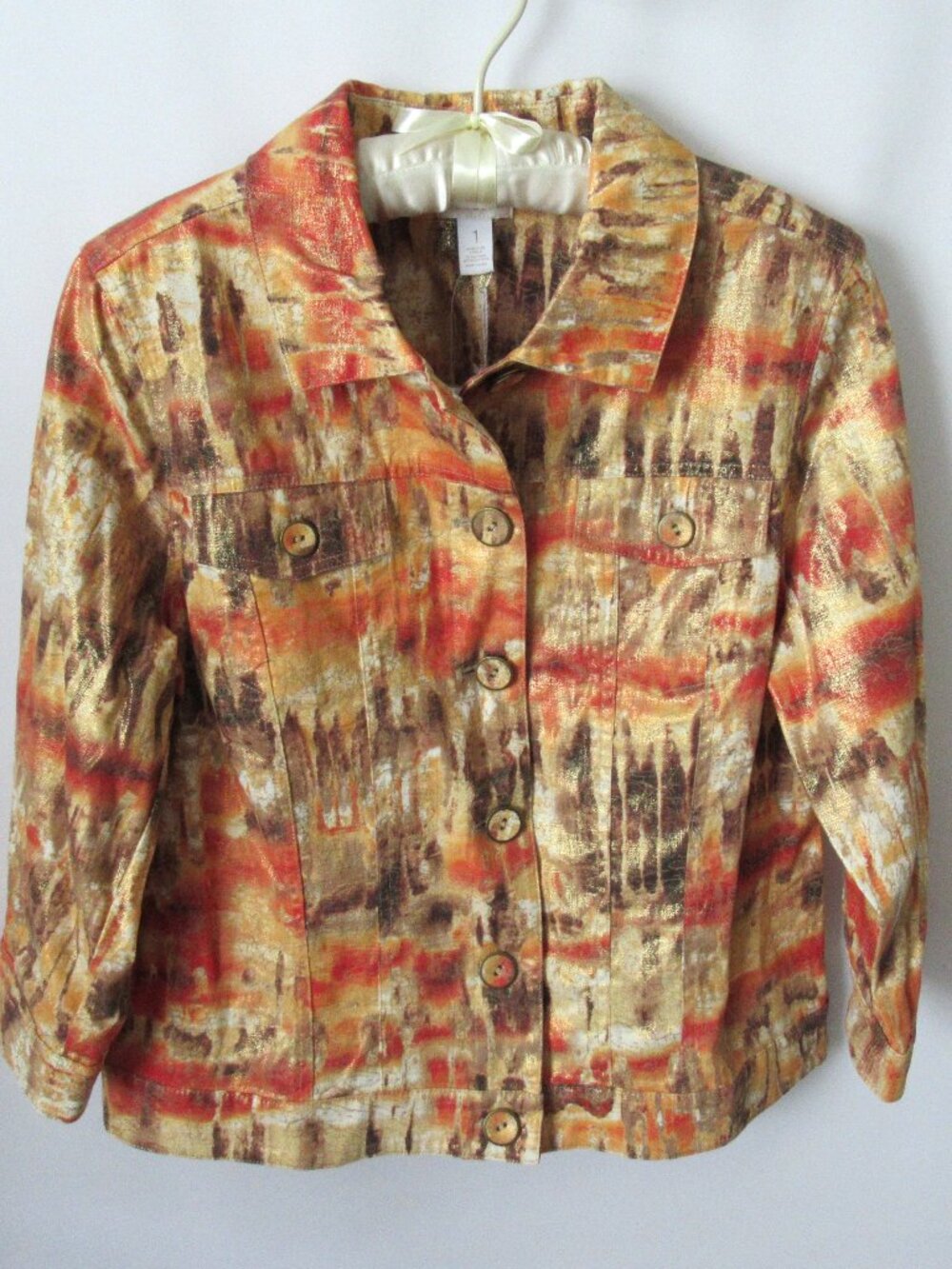 NWT Chico's orange geo button front 3/4 sleeve unlined jacket *Sz 1(M)*